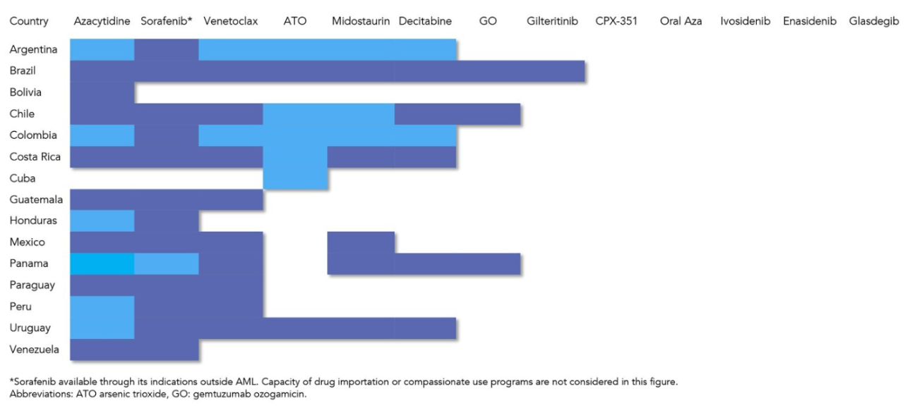 Figure 1: Availability of new therapies for acute myeloid leukemia in selected Latin American countries. The darker areas refer to partial availability. The lighter areas refer to universal availability. White areas refer to unavailability.